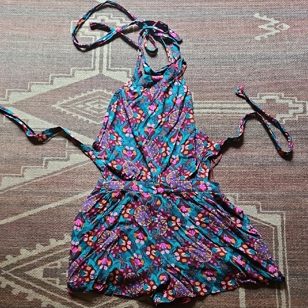 Free People Floral Halter Romper in Teal, Purple & Pink